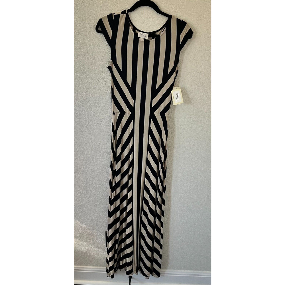 Nwt Beige By Eci Black And White Striped Maxi Dress Stretch Sleeveless Womens M
